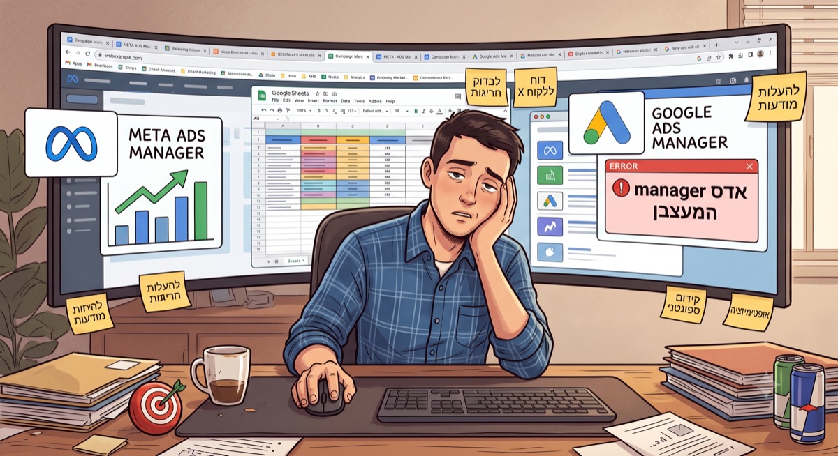 A worn-out campaigner buried in twenty tabs of ads managers
